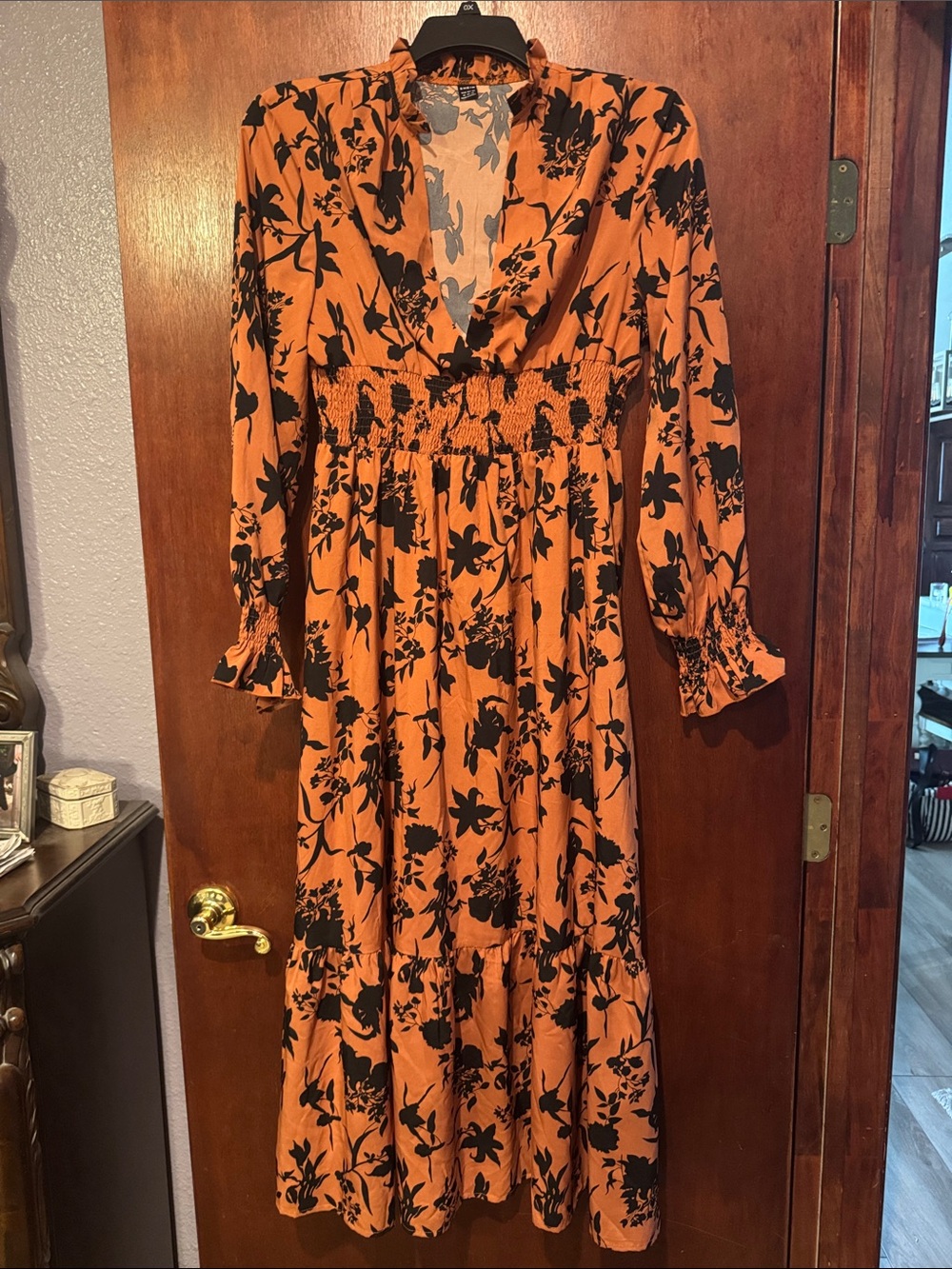 SHEIN light pumpkin Rust Floral Smocked Waist Maxi Dress - Black Print
